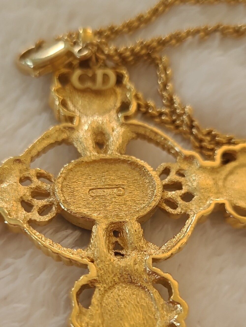 Dior Gold-Tone Cross Necklace with Green and Red Cabochons - Picture 5 of 5